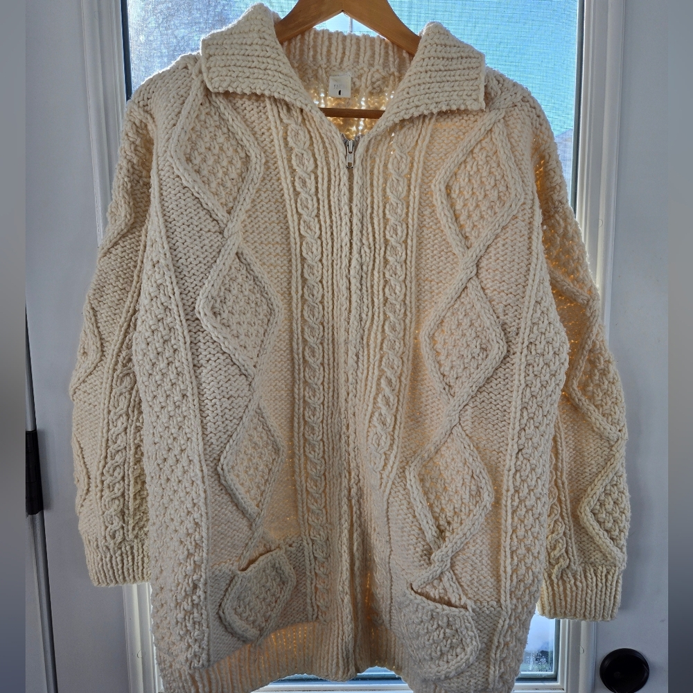 Yarina Cardigan Sweater Womens Large Cream Wool Full Zip Cable Knit Fisherman